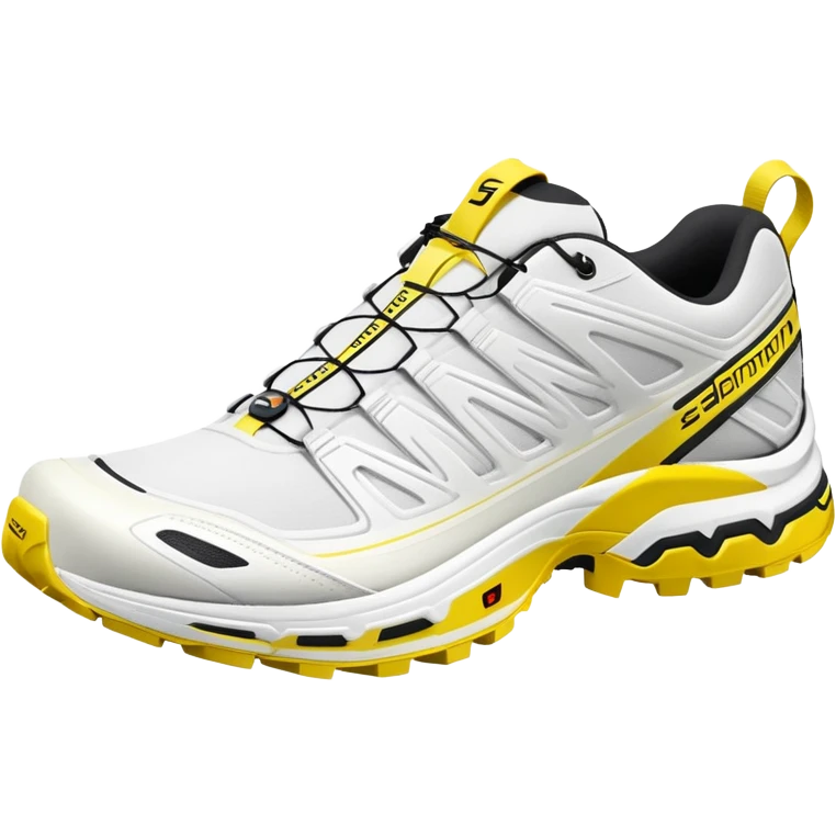 Clean white Salomon XT-6 with only a yellow colored stripe running through the center, one shoe positioned behind the other, entirely white except for the colored middle line emoji