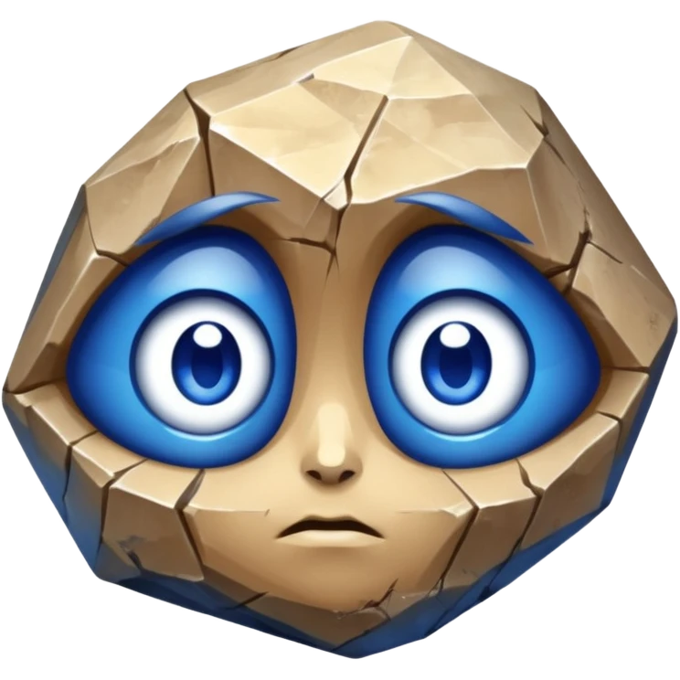A single sapphire-blue faceted rock head, chunky and worn, with very visible big cracks and chipped facets but still shiny, big kind eyes emoji