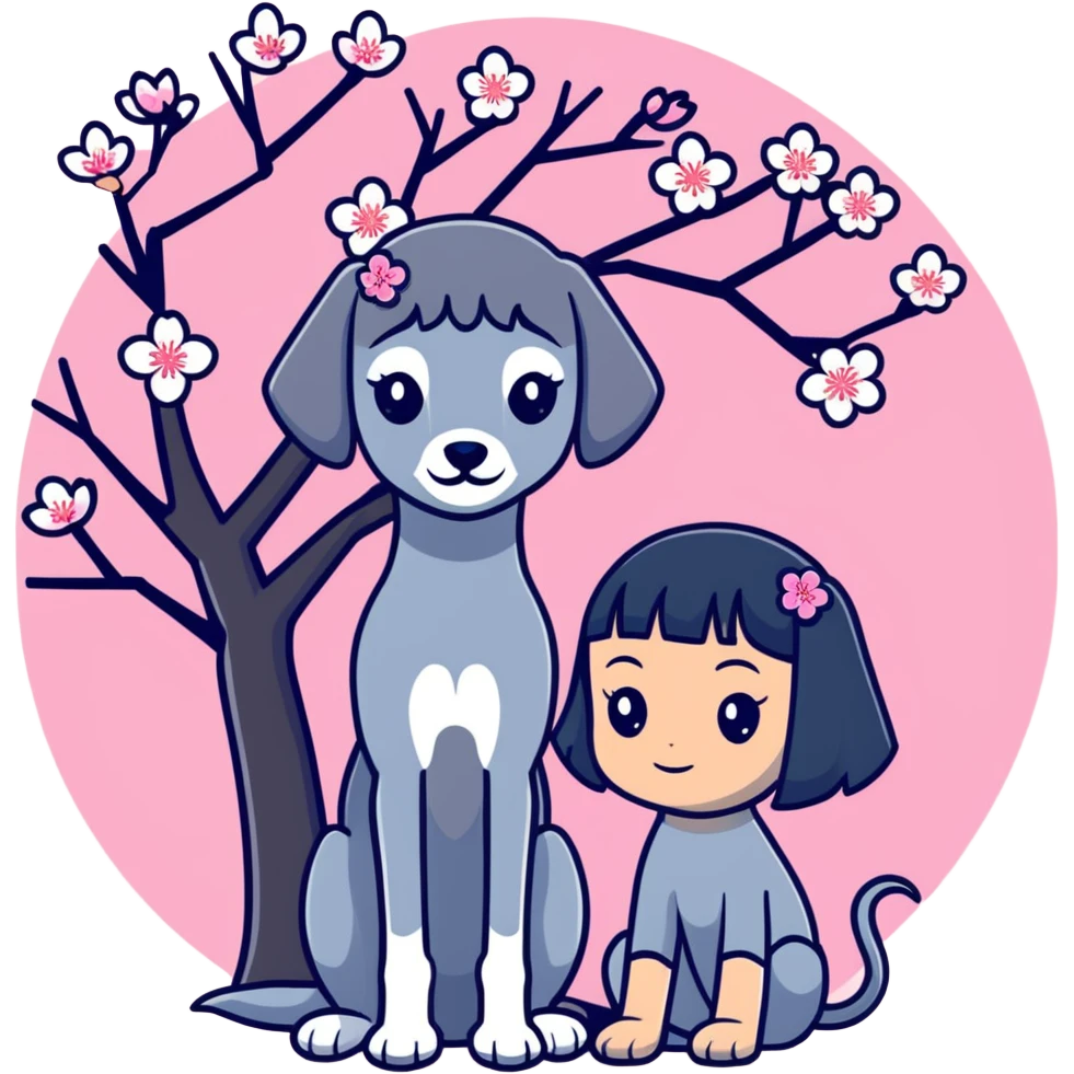 A young Chinese girl with long black hair and a pure dark grey Italian Greyhound with absolutely NO white markings anywhere on its body sitting under a cherry blossom tree. The dog must be completely solid dark grey with no white on muzzle, paws, or chest. emoji