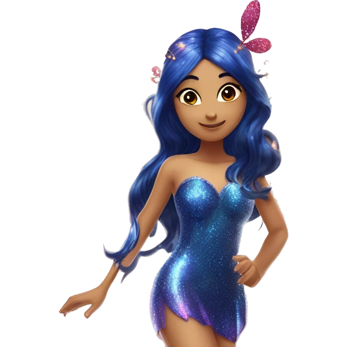 Musa asian adult fairy of music in her enchantix fairy red sparkling two-piece clothing and fairy enchantix wings and long dark blue hair from winx club. Lots of sparkles and fairydust. Full body pic and full fairy bliss emoji