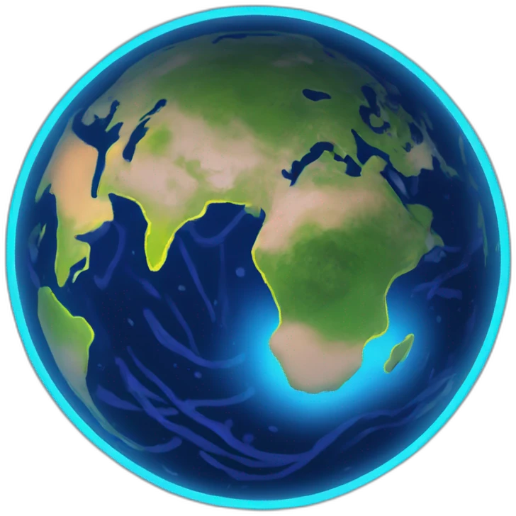neon version of planet earth with a dull face emoji