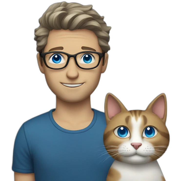  a man in round glasses with blue eyes, long hair, a cat in his arms emoji