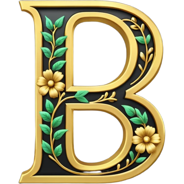 Shiny nlack letter B outlined with hold and a gold flowervine around the left side emoji