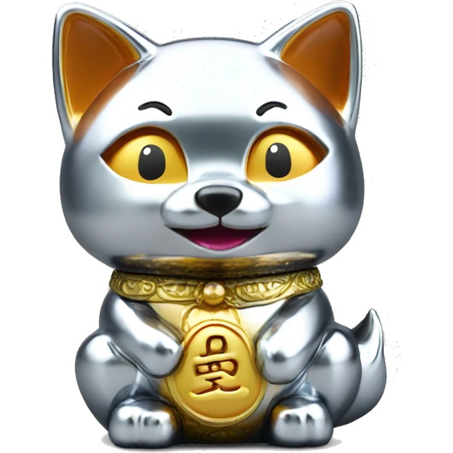 fully chrome fox statue in the form of maneki neko emoji
