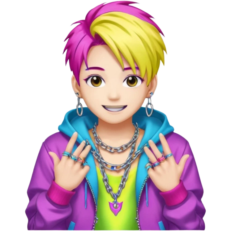  portrait-of-young-monster-idol-in-kpop-style,-wearing-flashy-streetwear-outfit,-colorful-dyed-hair,-confident-pose,-accessorized-with-chains- emoji