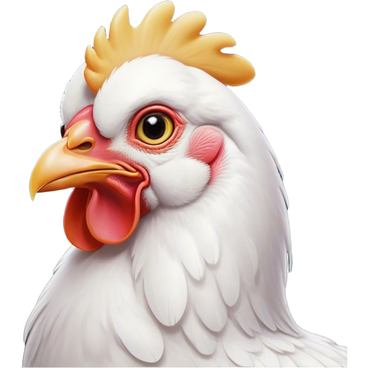 Cinematic Noble White Chicken Portrait Emoji, Poised and regal, with a compact, sturdy build and a pristine, well-groomed pure white plumage, deep-set soulful beady eyes, Simplified yet sharp and sophisticated features, highly detailed, glowing with a soft, dignified glow, high shine, intelligent and alert, stylized with an air of barnyard elegance, focused and attentive, soft glowing outline, capturing the essence of a watchful and confident fowl, so majestic it feels as though it could strut out of the screen with effortless authority! emoji