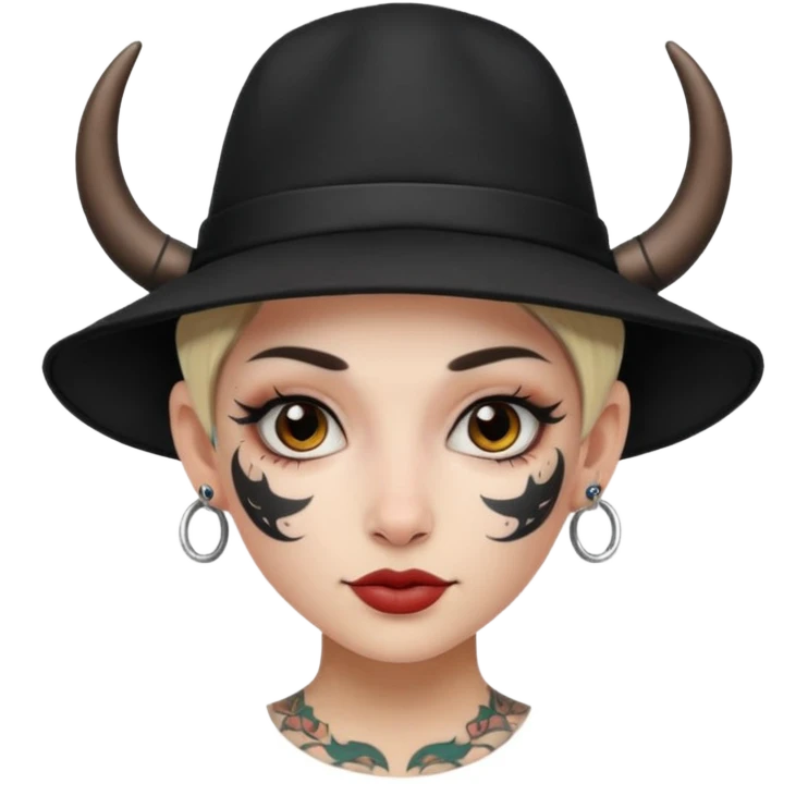 Woman with small horns — black hat, face tattoos emoji