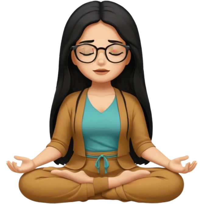 A Mexican woman, tan skin,  with long black hair and big square glasses meditating  emoji