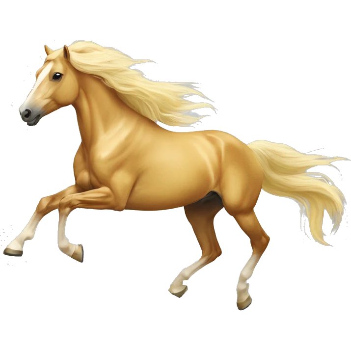 Yellow palomino horse with long flowing mane galloping with prosthetic leg, slender horse, solid yellow horse, running, yellow horse galloping with prosthetic leg, pretty horse emoji