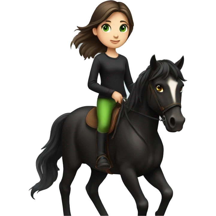 A pale little girl with dark brown hair, green eyes, orange pants and a black shirt riding a black horse  emoji