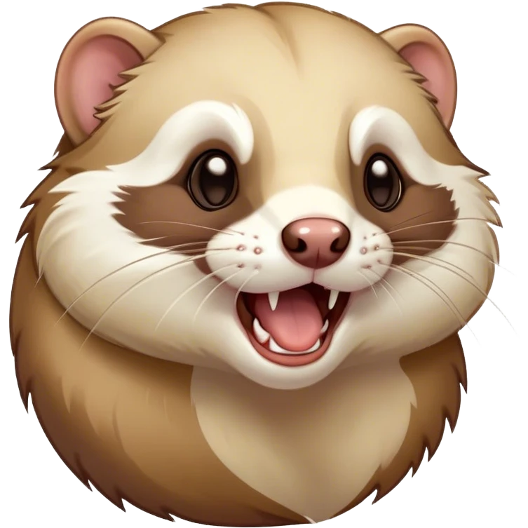 Cinematic Cute Yawning Ferret Portrait Emoji, Head tilted slightly with an exaggerated, wide-open yawn, showcasing a long, flexible body with a plush coat in soft brown and cream, droopy, drowsy eyes, and a relaxed expression, Simplified yet irresistibly endearing features, highly detailed, glowing with a soft, cozy natural glow, high shine, relaxed yet expressive, stylized with a dash of whimsical charm, soft glowing outline, capturing the essence of a sleepy yet affectionate ferret that seems ready to curl up for a nap! emoji