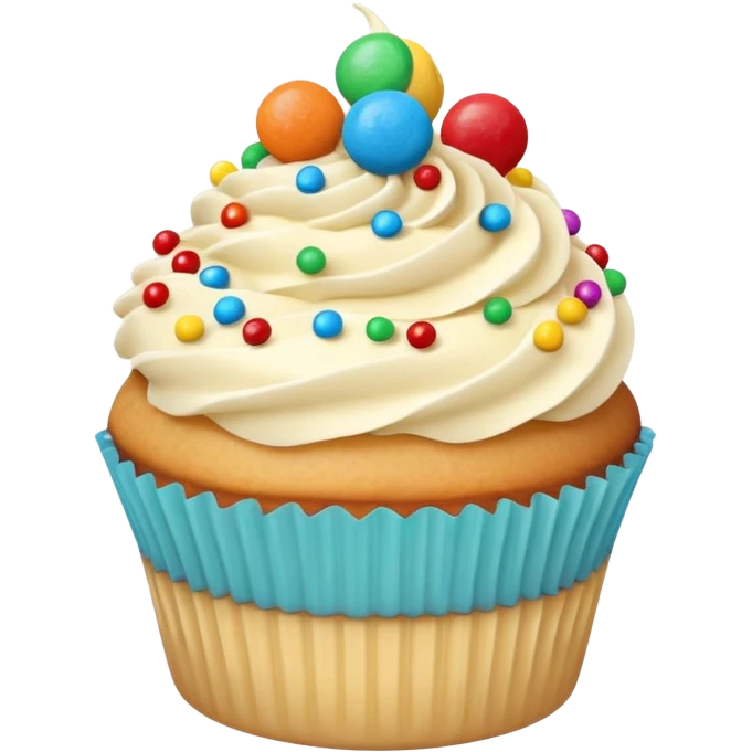 a soft vanilla cupcake with creamy frosting, decorated with scattered small, round, brightly colored candy-coated chocolates on top emoji