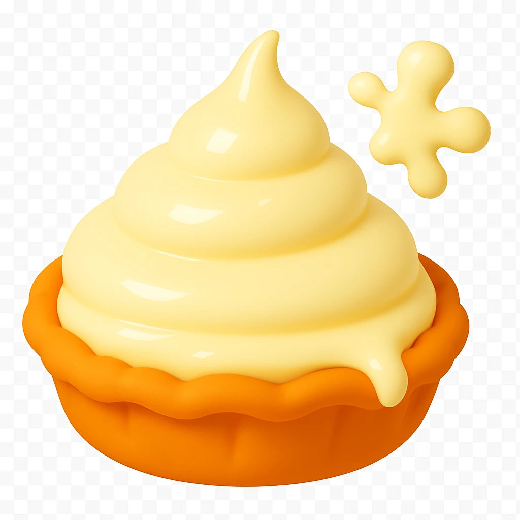 Add a small cream splatter in the top right corner, matching the smooth, rounded style and lighting of the other pie splatter designs. Keep the playful 3D emoji style, golden brown crust, and transparent background. The main cream part and drip should remain intact. emoji