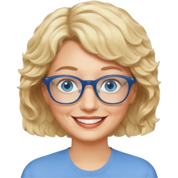 woman 60 very short weavy blonde haire, rectangle glases, blue eyes emoji
