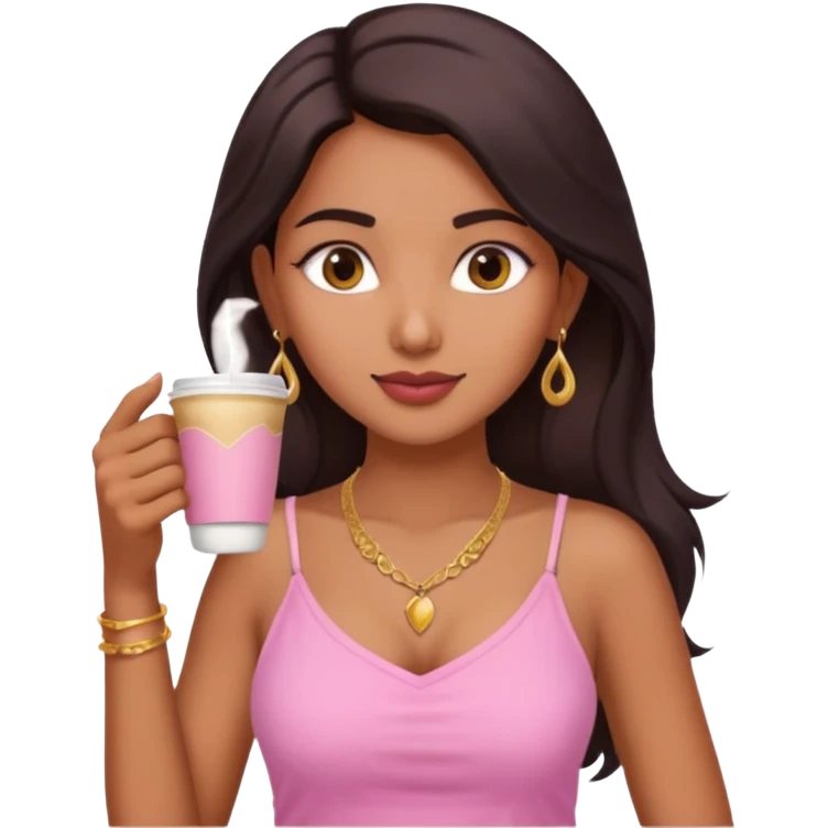 a pretty fair indian bratz girl with a pink cami top, drinking takeaway coffee, golden dainty necklace emoji