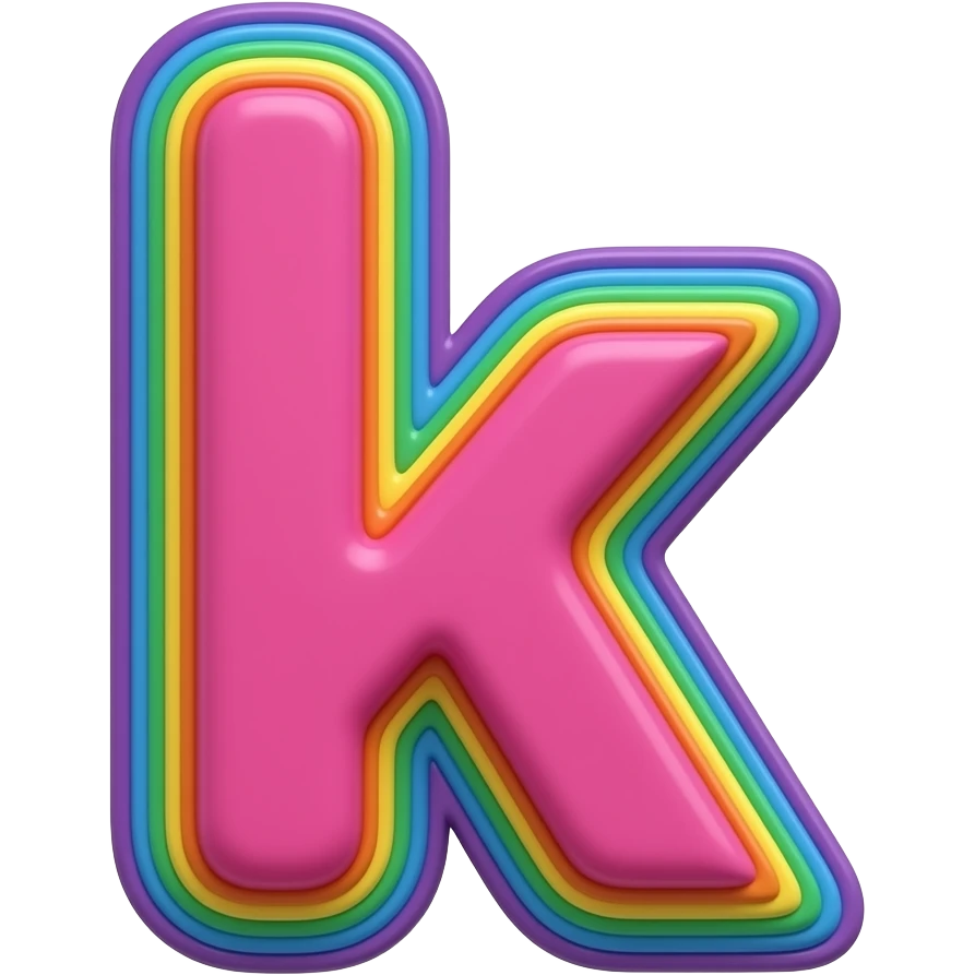 name "k" in raspberry pink, 3D style typography lettering, each color of the rainbow as a border outlined around each letter, isolated, 3d rendering, no emoji icons no emoji faces and must have no human figures emoji
