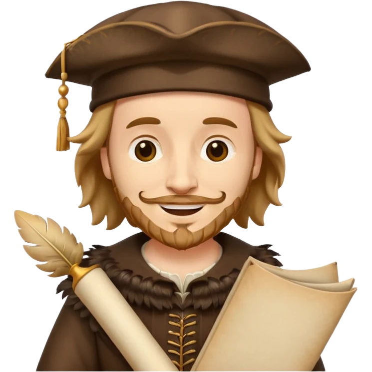 Shakespeare emoji with feathered cap, holding a scroll, smiling, classic emoji style emoji