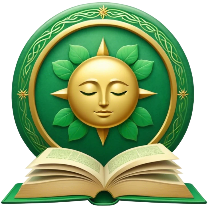 Un libro verde esmeralda con detalles dorados y una textura suave, con un círculo zen, un rayo de luz o un loto en la portada, irradiando presencia, calma y despertar espiritual. ☀️🌀🌿 emoji
