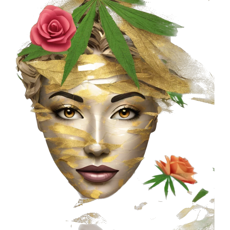  Hemp 420 lady face melting gold drizzle kintsugi multicoloured funky palm leaves tropical made of 420 origami newspaper roses hemp leaves bokeh and paper and hemp leaves in hair emoji