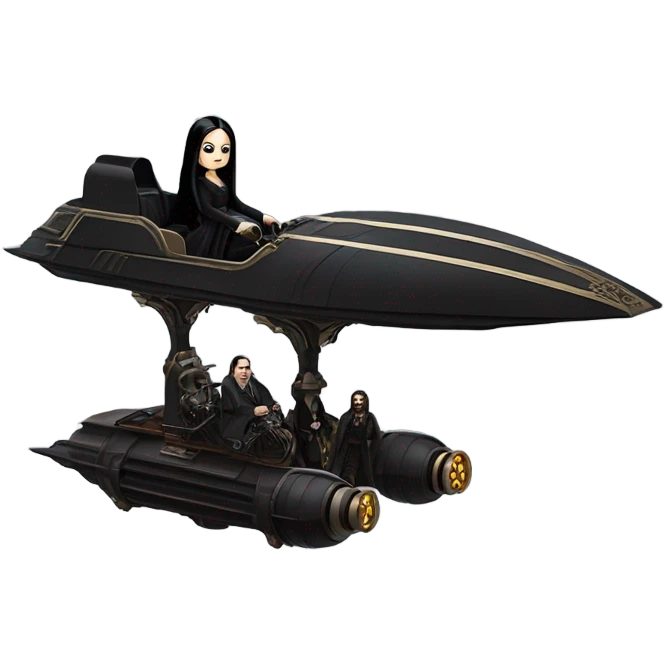 Jedi Morticia Addams riding  a Jumpspeeder anti-gravity repulsorlift imperial speeder steampunk  emoji