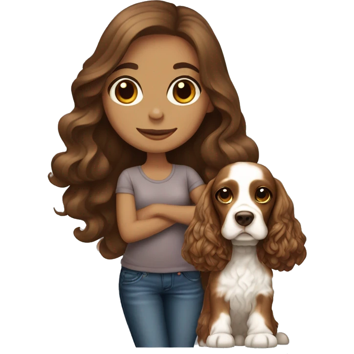 Beautiful stylish girl with with long brown hair holding on her arms English Cocker Spaniel emoji