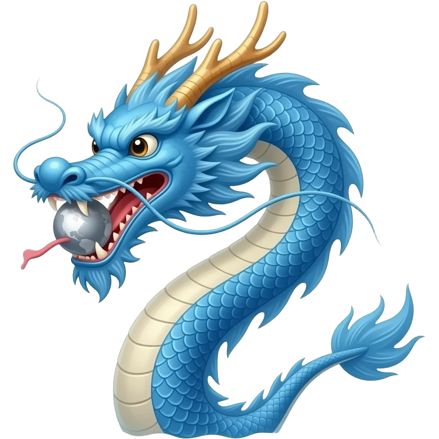 A blue Chinese serpentine dragon emerges from the sea and hovers above the surface, holding a silver planet in its teeth. emoji