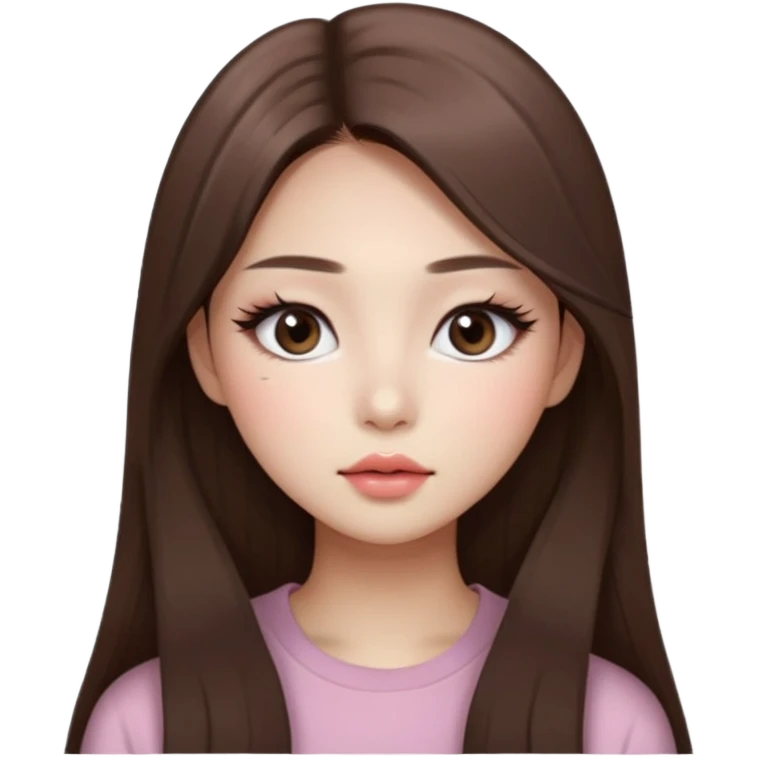 “korean straight long brown hair Emoji girl, soft eyeliner and blush, gradient lips, light brown shimmer eyeshadow emoji
