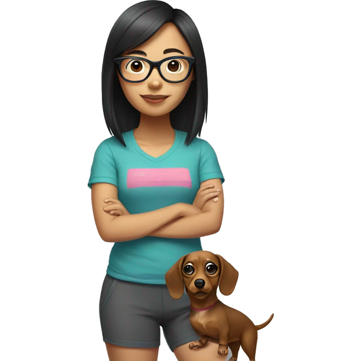 Short asian girl with glasses wearing workout shorts and tshirt and crocs holding a dachsund emoji