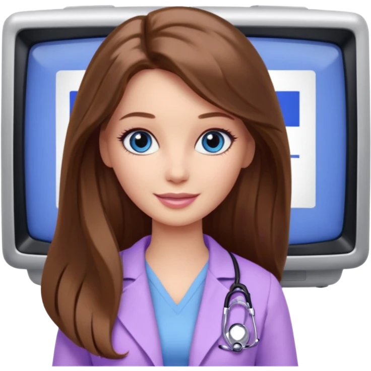 beautiful barbie girl with long brown hair, blue eyes and wearing light purple clothes watching dr who on tv emoji