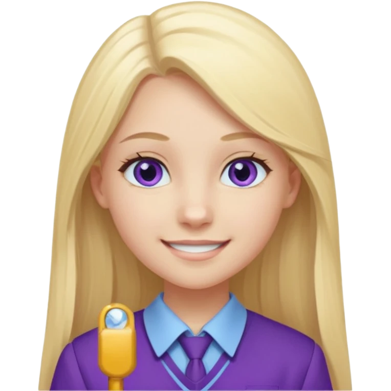 A pale girl with light blue eyes and long and blonde straight hair , smiling wearing a purple school uniform  emoji