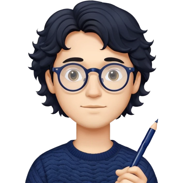 Young creative man with round glasses, wavy black hair, navy blue sweater, with pen in hand emoji