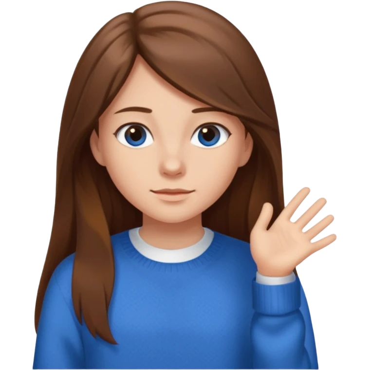 crea una ragazza giovane con i capelli marroni lunghi, una camicia bianca e un maglioncino blu emoji
