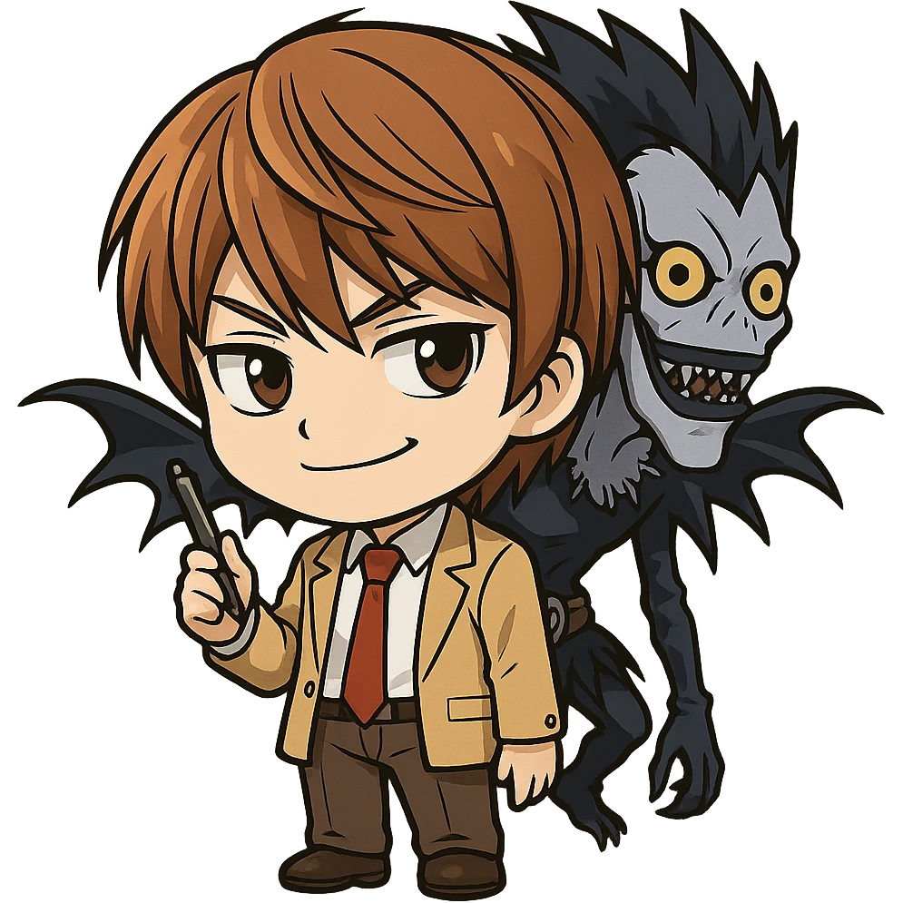 chibi style Light Yagami from Death Note smirking, holding a pen, Ryuk in the background, brown hair, school uniform emoji