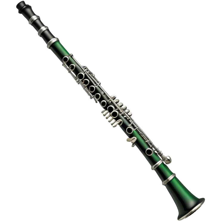 Create an elegant and refined emoji representing A clarinet. The design should showcase the sleek, black wood finish of the clarinet with its shiny metal keys and elegant detailing. Include the distinct, high-quality features of the Green Line model, such as the unique greenish tint of the wood, giving it a modern and sophisticated look. Add subtle elements like the mouthpiece with the reed, emphasizing its importance in sound production. Use dark tones like ebony, silver for the keys, and soft light reflections to evoke a professional, classical feel. The background should be transparent. emoji