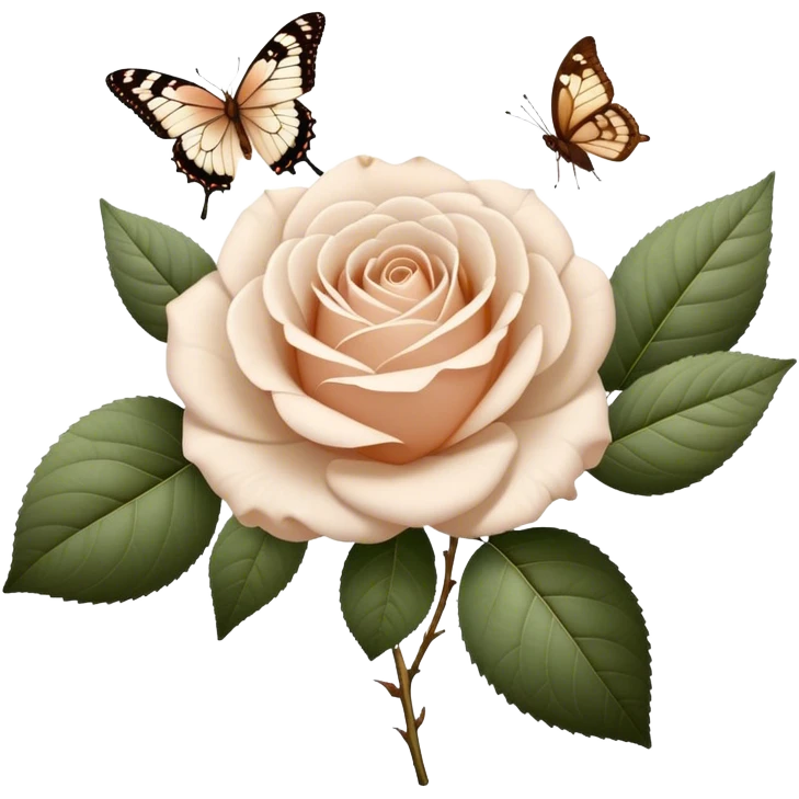 white Ascott tea rose next to a beige aesthetic vintage style leaf and a brown beautiful butterfly emoji