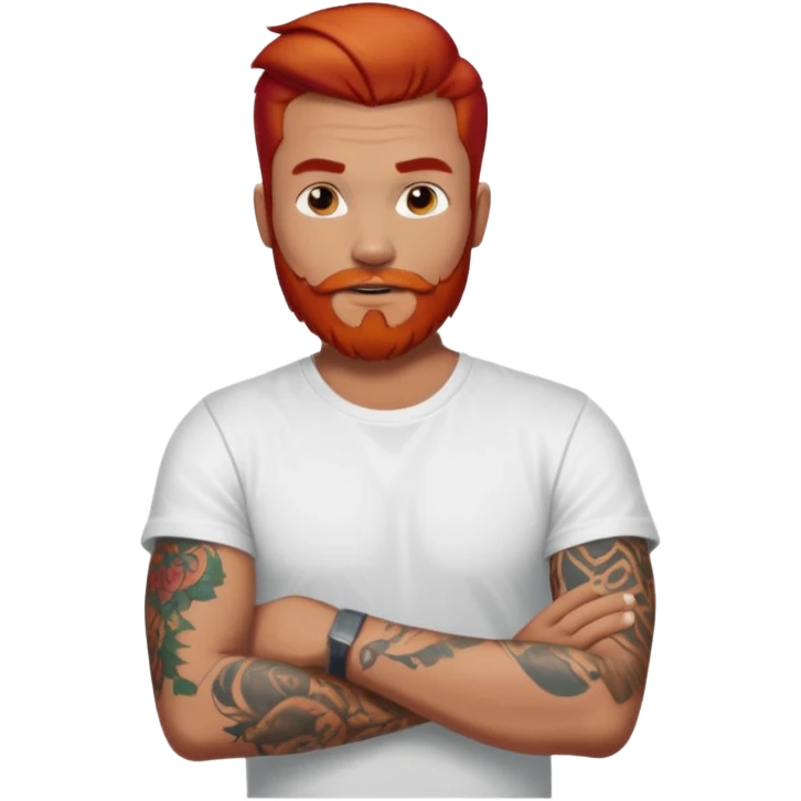 a guy with red beard red hair slick back white tshirt and tattoos oldschool on his arms emoji