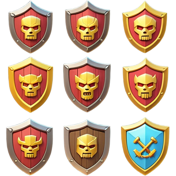 Clash of Clans aesthetic: Cinematic Playful 3D Isometric Shield Emoji, rendered in a 3D vector-style similar to standard emojis with minimal shading and bold, simplified shapes. A compact, distinct form with signature details, softly glowing with a fantasy RPG magic charm. Simplified yet unmistakably iconic, highly detailed and consistent, glowing with a soft radiance and high shine. Stylized with a touch of heroic grandeur and a soft glowing outline, capturing the essence of a beloved gaming relic with a friendly, playful manner! emoji