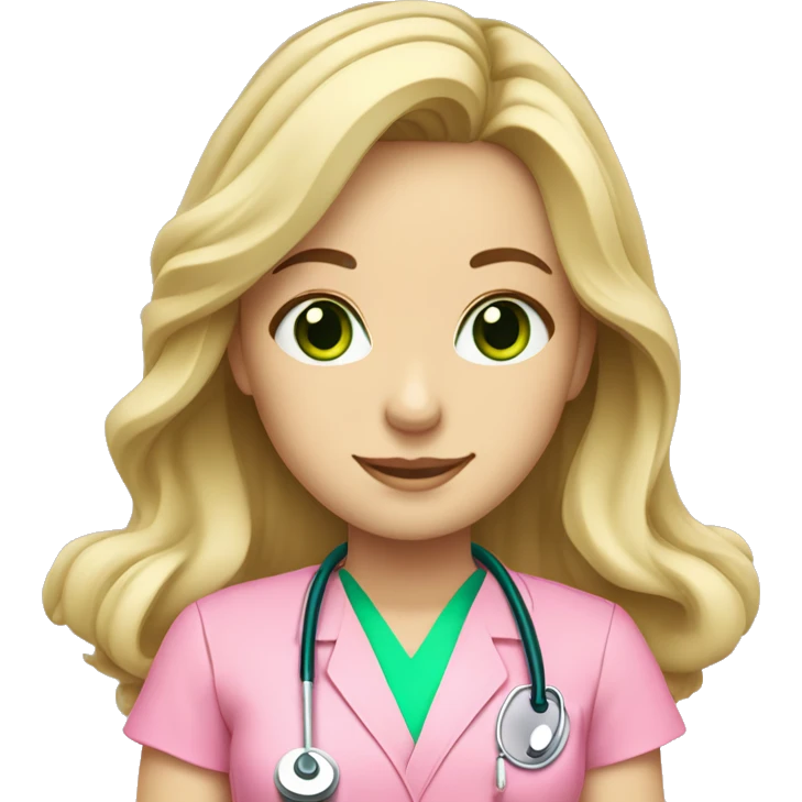 pale blonde girl with long wavy hair and green eyes wearing pink scrubs and stethoscope  emoji