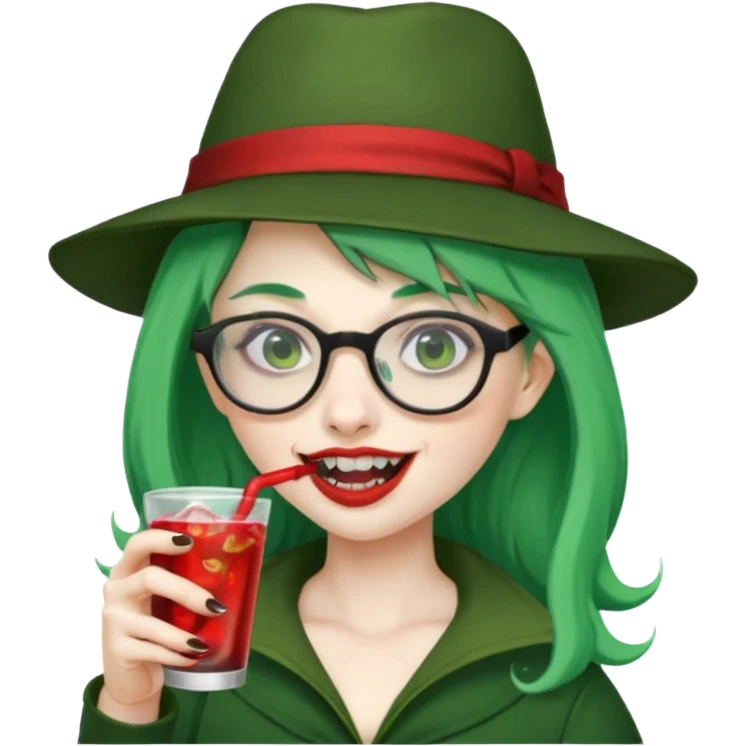vampire green hair Drink holders with hat, wearing glasses, female,,teeth looks like vampire emoji