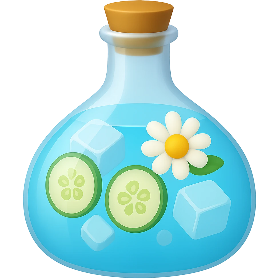 Edit the bottle in the same shape as the reference image. The liquid inside should be color #6fdef1. Inside the bottle, include cucumber slices, ice cubes, and a chamomile flower. The style should resemble apple emoji style with concise and clean details. emoji