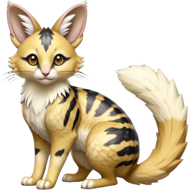 Hyper realistic  obsidian fur etched with molten gold fault-lines and dark mirror shine beautiful elegant pretty precious cute  Fakémon-Pokémon-opossum-feline-serval-caracal-chinchilla-Furret-Minccino-hybrid-creature with a big fluffy bushy tail (full body) emoji