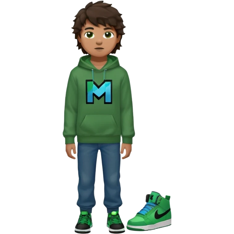 a 14 year old slightly tanned teenage boy with dark brown tousled wavy hair, dark brown eyes wearing a green tshirt, a dark green minecraft hoodie, blue jeans and green nike air jordans emoji