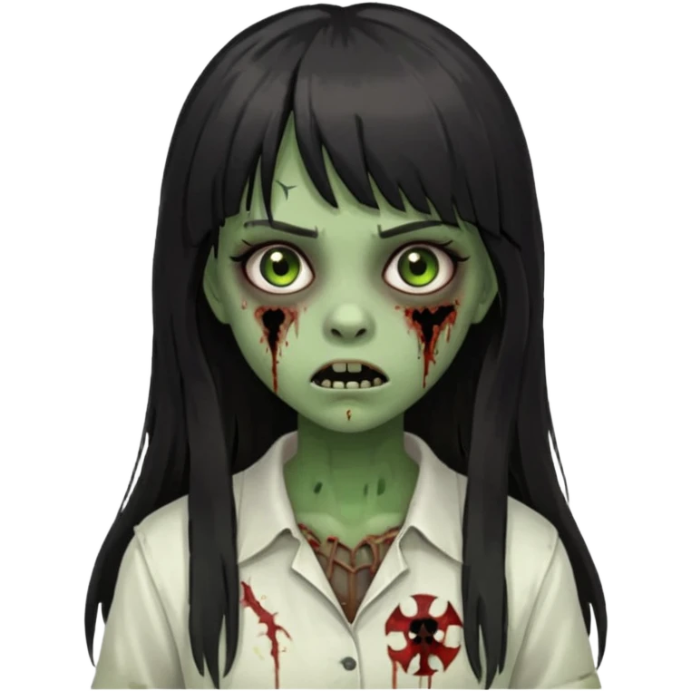 Make a girl with bangs with very dark black and long hair, light brown eyes and white clothes in the form of a zombie with green and scary skin emoji