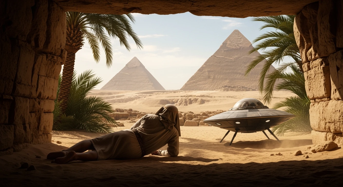cinematic still, documentary photography, acient egypt, back shot of a man dress in ancient clothes in cave (frame in frame effect) on ground laying front of small ufo starship, sand flying around, palms, dynamic scane, leading lines, captured by arri alexa, depth layers, piramids in babckground emoji
