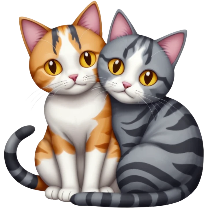full body colourful light patched calico + white tabby cat cuddling a bigger cat that is dark grey and white tabby cat  and they are in love emoji