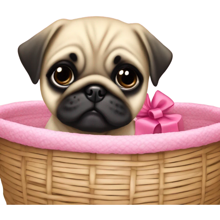  Baby pug with big pink
eyes wearing a pink bow sitting in a dog basket  emoji