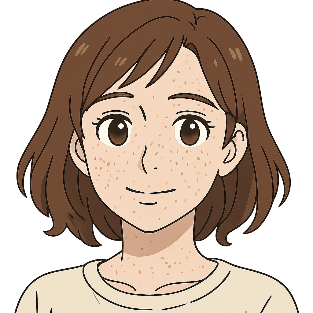 portrait of white woman with freckles, brown shoulder-length hair, Japanese cartoon style emoji