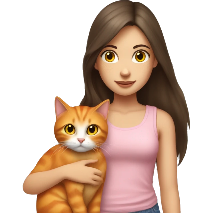 a white girl with hazel eyes and dark brown long hair petting her orange cat with yellow eyes. the girl is wearing a pink tank top with light wash jeans.  emoji