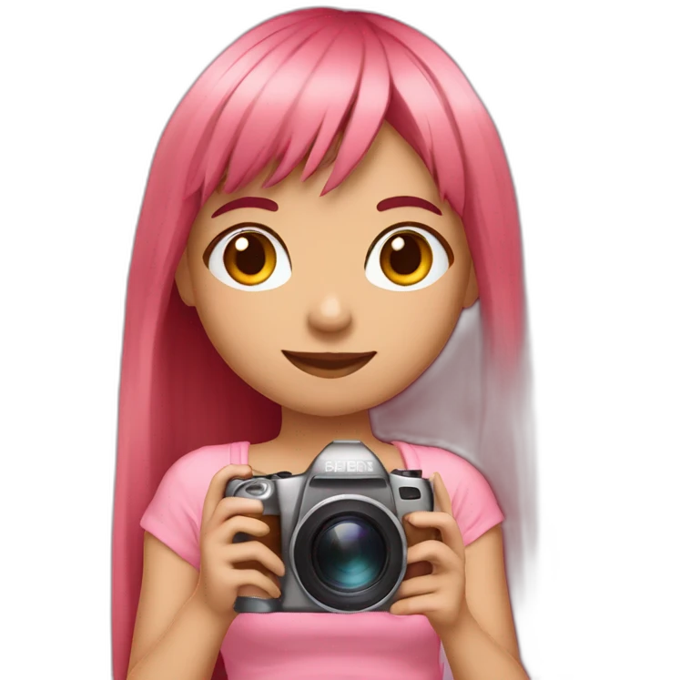 girl with long, straight rose hair and fringe and holding camera and wearing pink bralette emoji