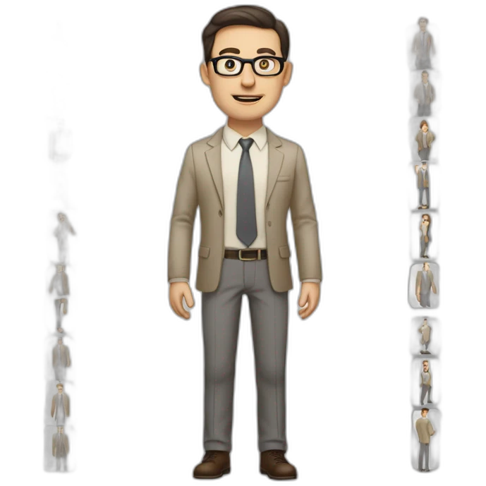 Full height Actively gesturing with hands Pale skinned fit man with dark brown hair in gray jacket, beige office shirt, brown tie, brown pants and vintage glasses. emoji